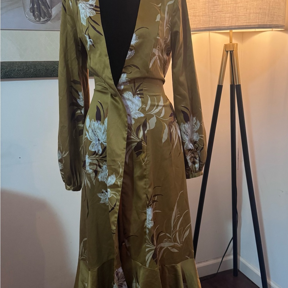 Express Mustard Floral Satin Wrap Maxi Dress with Long Sleeves - Picture 4 of 5